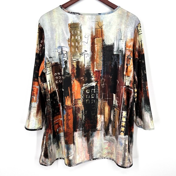Ali Miles Sz Large City Skyline Wearable Art Abstract Blouse Shirt Top Brown - Picture 8 of 8